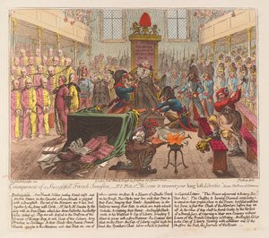 成功的法国入侵酒吧的后果。 1798年（手工彩色雕刻）