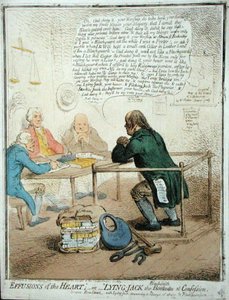 心灵的流露，或忏悔时说谎的杰克铁匠，由汉娜-汉弗莱于1795年为慈善协会出版（手绘蚀刻画）。 作者 詹姆斯·吉里
