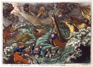 爱尔兰入侵的结束 - 或 - 法国无敌舰队的毁灭”，詹姆斯·吉尔雷 1797 年。法国船只在暴风雨中被皮特（左上）和他的部长们炸毁。 查尔斯·詹姆斯·福克斯和他的反对派盟友有溺水的危险。 作者 詹姆斯·吉里