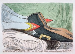 时尚对比，或公爵夫人的小鞋子屈服于公爵脚的大小，由Hannah Humphrey在1792年出版（蚀刻与wc）
