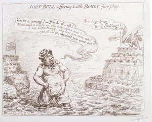 John Bull提供Little Boney公平竞赛，由Hannah Humphrey于1803年出版 作者 James Gillray