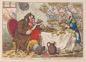 John Bull带着午餐或英国厨师用Bonne Chere，1798酒吧（手工彩色雕刻）填满Old Grumble Gizzard