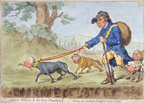 John Bull和他的Dog Faithful，由Hannah Humphrey于1796年出版（手工蚀刻）