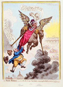Le Diable-Boiteux，或两条棍子上的魔鬼将约翰·布尔传递到承诺之地，由Hannah Humphrey于1806年出版（手工蚀刻）