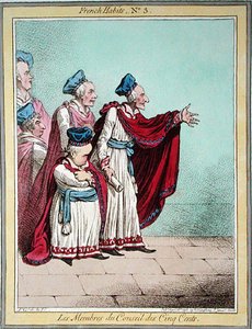 Les Membres du Conseil des Cinq Cents，《法国人的习惯》第3版，由汉娜-汉弗莱于1798年出版（彩色蚀刻画）。 作者 詹姆斯·吉里