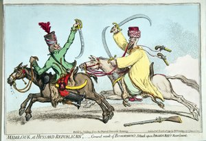 Mamlouk et Hussard Republicain，或者是Bonnaarte攻击Ibrahim Bey的后卫的一般结果，由Hannah Humphrey于1799年出版（手工蚀刻） 作者 詹姆斯·吉里