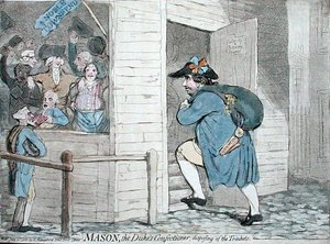 公爵的糖果师梅森在处理小饰品，由汉娜-汉弗莱于1788年出版（手绘蚀刻版）。 作者 詹姆斯·吉里