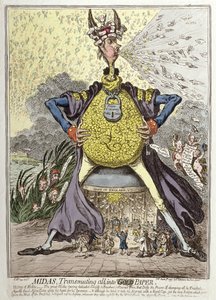 Midas将全部转化为金纸，由Hannah Humphrey于1797年出版（手工蚀刻）