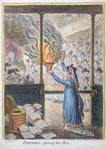Pandora Opening her Box，由Hannah Humphrey出版，1809年（手工蚀刻）