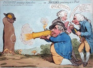 爱国者自娱自乐，或瑞典人在驿站练习，由汉娜-汉弗莱于1792年出版（手绘蚀刻画）。 作者 詹姆斯·吉里