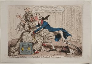 1797年汉娜·汉弗里（Hannah Humphrey）出版的“政治风险”（The Ravishment），或者“Threadneedle Street的老太太”（手绘彩色蚀刻） 作者 James Gillray
