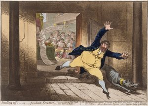 1798年Hannah Humphrey出版的偷窃或谨慎的Secesion（用aquatint手工着色蚀刻） 作者 James Gillray