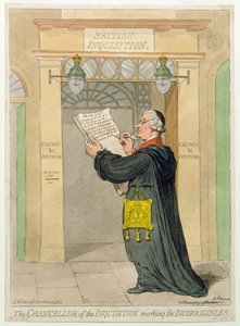 1793年Hannah Humphrey出版的“宗教裁判所大臣”，标题为“不可侵犯的”（手工彩色蚀刻）
