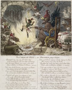 科西嘉害虫，或贝尔泽布去吃晚饭》，汉娜-汉弗莱于 1803 年出版（手绘蚀刻版画） 作者 詹姆斯·吉里