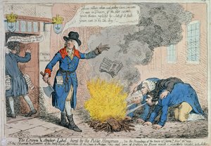 由汉娜·汉弗莱于1795年出版的公共刽子手烧毁了皇冠和碉堡（手工彩色蚀刻）
