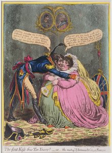 十年来的初吻！或者是汉娜·汉弗莱（Hannah Humphrey）于1803年出版的Britannia und Citizen Francois会议（用aquatint手工着色蚀刻）