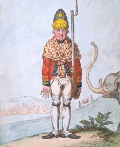 1797年Hannah Humphrey出版的Leadenhall Volunteer，披着他的披肩，手工着色蚀刻