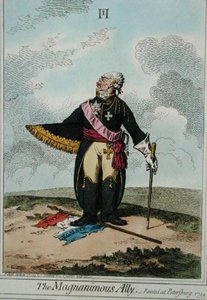 宽宏大量的盟友》，由汉娜-汉弗莱于1799年出版（手绘蚀刻版）。 作者 詹姆斯·吉里