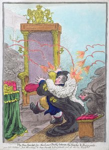 老鹰与秃鹰之间的新演讲者（即法律小鸡），汉娜·汉弗瑞于1800年出版（手工彩色蚀刻）