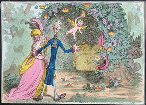 在1797年由Hannah Humphrey出版的手工彩色蚀刻中出版的“伊甸魅力”中的“邪恶之夜”的婚礼凉亭