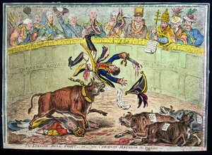 西班牙公牛斗争，或危险的科西嘉斗牛士，由Hannah Humphrey于1808年出版（手工蚀刻）