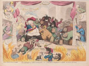 阿姆斯特丹的投降或布伦瑞克公爵在喧闹的酒吧。 1787（手工彩刻） 作者 詹姆斯·吉里