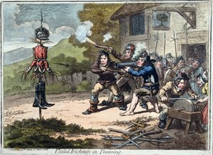 联合爱尔兰人在训练中，由Hannah Humphrey出版，1798年（aquatint）