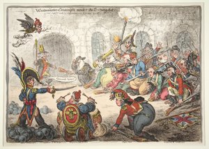 威斯敏斯特 -  1806年训练法下的应征者（手工彩色雕刻） 作者 James Gillray