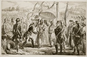 克莱夫勋爵（Lord Clive）与梅尔·贾菲尔（Meer Jaffier）在普拉西战役之后的会面，由托马斯·威廉姆斯（Thomas Williams）刻