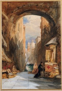 威尼斯：拱门下的埃迪科拉（Edicola），与远方的圣玛丽亚·德拉礼炮（Santa Maria della Salute），1853年 作者 詹姆斯·霍兰德