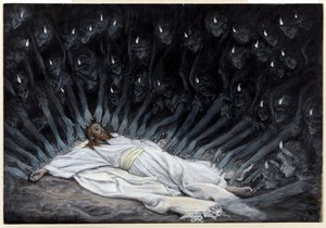 天使来到并服侍他，为基督生命的插图，c.1886-94（纸板上的水粉和水粉） 作者 詹姆斯·雅克·约瑟夫·天梭