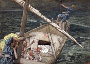 基督在暴风雨中睡着了，为基督的生命画插图，c.1886-94（纸板上的水粉和水粉） 作者 詹姆斯·雅克·约瑟夫·天梭