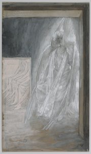 天使坐在坟墓的石头上，插图来自我们的主耶稣基督的生命，1886-94（纸上有石墨） 作者 詹姆斯·雅克·约瑟夫·天梭