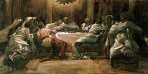 最后的晚餐。犹大蘸着他的手在盘子里，插图为基督的生命，c.1884-96（wc＆gouache在纸板上） 作者 詹姆斯·雅克·约瑟夫·天梭