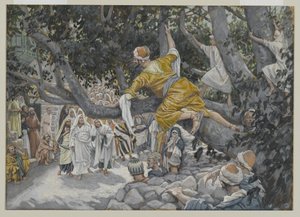 Zaccheus在梧桐等待耶稣的通道，从我们的主耶稣基督的生活，1886年至1996年的插图（wc over graphite in paper） 作者 詹姆斯·雅克·约瑟夫·天梭