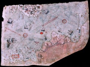 完成于 1513 年的皮里-雷斯-哈里塔西地图。土耳其伊斯坦布尔托普卡帕宫博物馆。 作者 詹姆斯·L·斯坦菲尔德