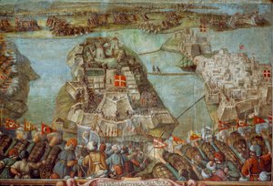 这幅壁画描绘的是 1565 年土耳其围攻马耳他的情景。艺术品。 作者 詹姆斯·L·斯坦菲尔德