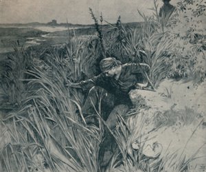 逃脱的罪犯。出自《伟大的期望》狄更斯，c1830-1870，1923年 作者 詹姆斯·马奥尼