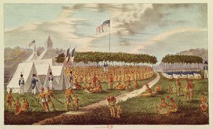 伟大条约的观点于1825年9月在威斯康星州的Prairie du Chien举行，来自1825年的“土着投资组合”（彩色版画）