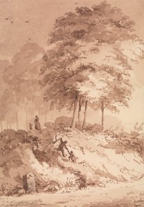一家人在树林中散步：帮助孩子爬上岸