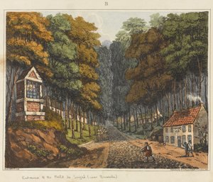 1815年布鲁塞尔附近的Foret de Soigne入口，1817年的“滑铁卢战役的历史记录”（彩色aquatint）