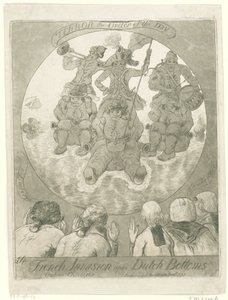 Spotprent op de Franse invasie，1795 年
法国入侵荷兰底特律。Ombres Chinoises / Terror the Order of the Day（标题见实物）