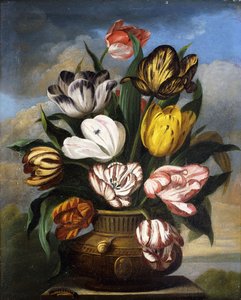 花瓶中的郁金香，有毛毛虫，蜗牛和苍蝇，在风景中的基座上，1826年
