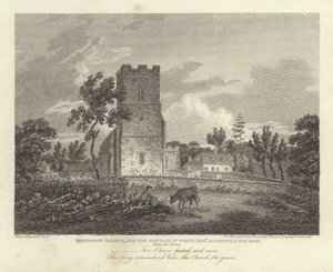 Robert Bloomfield, poet: Honington Church, and the Cottage in which Robert Bloomfield was born (engraving)
