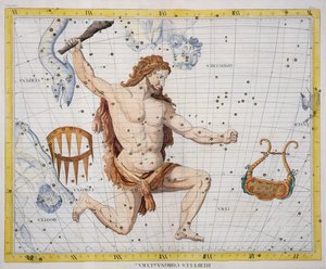 Corona和Lyra的赫拉克勒斯星座，来自&39;Atlas Coelestis&39;的21号板，John Flamsteed（1646-1710），于1729年出版（手工彩色雕刻） 作者 詹姆斯·桑希尔