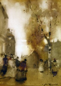 有人物的街景（纸上水彩画）