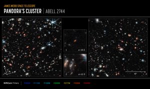 Abell 2744 玻璃指南针（NIRCam 图像） 作者 詹姆斯韦伯太空望远镜 (NASA)