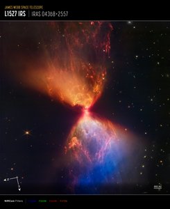 L1527 和原恒星（NIRCam 罗盘图像） 作者 詹姆斯韦伯太空望远镜 (NASA)