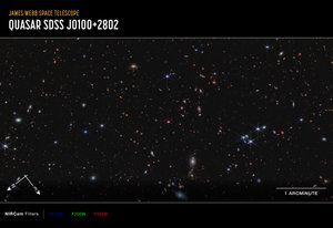 Quasar J0100+2802（NIIRCam 指南针图像） 作者 詹姆斯韦伯太空望远镜 (NASA)