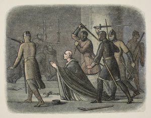 托马斯-贝克特谋杀案，坎特伯雷大教堂，1170 年 12 月 29 日，摘自《公元前 55 年至公元 1485 年英格兰纪事》，伦敦出版。伦敦 作者 詹姆斯·威廉·埃德蒙·道尔